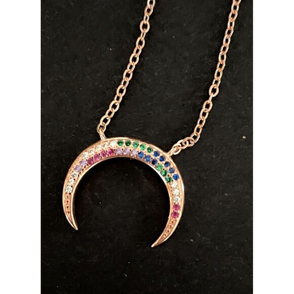 Over the Moon  16" Necklace Rainbow Stones Rose Gold Crescent Moon Double Horn - Picture 1 of 8